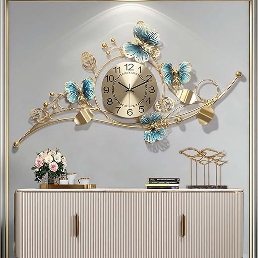 Large Wall Clocks Modern Art Clock Silent Creative Metal Butterfly Leaf Design Wall Clock for Living Room Decor Gold, HW066