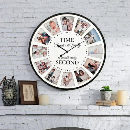 Large Wall Clock with Picture Frames Collage, Vintage Rustic Clock Wall Decor, Big Farmhouse Wall Clock for Home, Kitchen, Living Room, Silent Battery Operated 25 Inch White