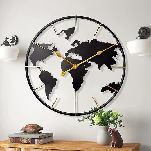 Large World Map Wall Clock,Metal Minimalist Modern Clock,Round Silent Non-Ticking Battery Operated Wall Clocks for Living Room/Home/Kitchen/Bedroom/Office/Farmhouse Decor (30 Inch)