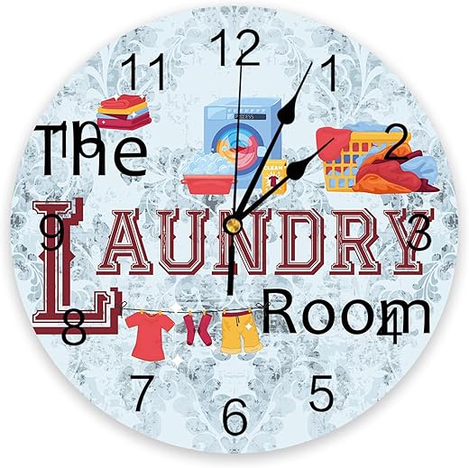 Laundry Room Wall Clock 10 Inch Silent Non-Ticking Blue Floral Texture Wall Clocks Battery Operated-Elegant Laundry Room Scenes Clock for Office,Home,Bathroom,Kitchen,Bedroom,School,Living Room