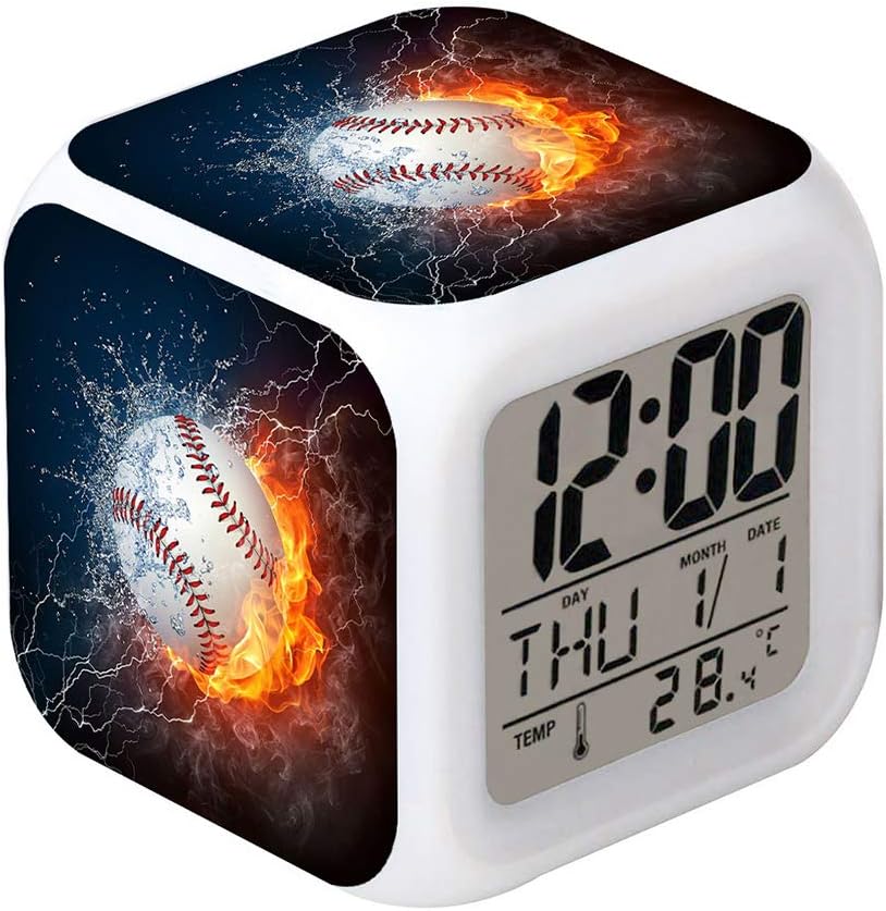 Led Alarm Clock Baseball Burning Sport Design Creative Desk Table Clock Glowing Electronic Colorful Digital Alarm Clock for Unisex Adults Kids Toy Birthday Present