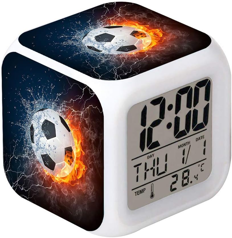 Led Alarm Clock Football Burning Sport Design Creative Desk Table Clock Glowing Electronic Colorful Digital Alarm Clock for Unisex Adults Kids Toy Birthday Present