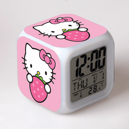 LED Alarm Clock Hello Kitty Pattern Creative Desk Table Clock Glowing Electronic Colorful Digital Clock for Unisex Adults Girl Boy Kids Children Toy Birthday Present Gift