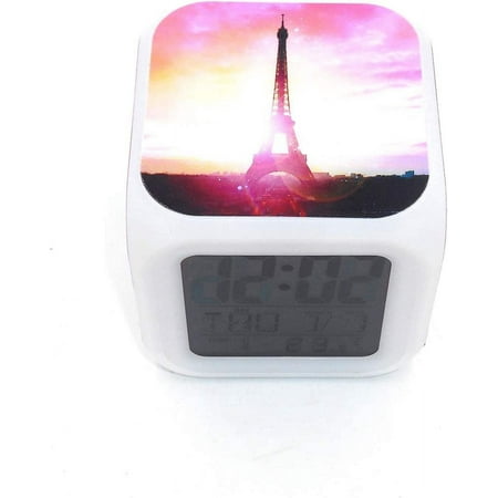 Led Alarm Clock Romantic Eiffel Tower Pattern Pink Sunset Personality Creative Nois[3904]