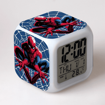 LED Alarm Clock Spider-Man Pattern Creative Desk Table Clock Glowing Electronic Colorful Digital Clock for Unisex Adults Girl Boy Kids Children Toy Birthday Present Gift