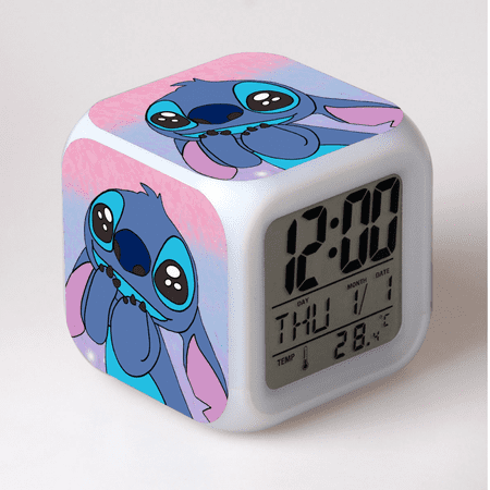 LED Alarm Clock Stitch Pattern Creative Desk Table Clock Glowing Electronic Colorful Digital Clock for Unisex Adults Girl Boy Kids Children Toy Birthday Present Gift