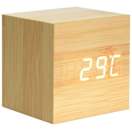 LED digital alarm clock, wooden cube clock, wooden clock, wooden alarm clock, sound control cube digital clock for bedroom