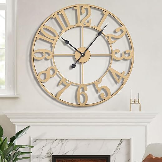 LEIKE Large Wall Clock - 24 Inch Retro Farmhouse Silent Non-Ticking Battery Operated Indoor Outdoor Oversized Decorative Gold Metal Wall Clocks for Living Room, Dinner Room, Office Decor