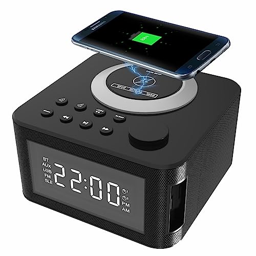 LEUNXUDX Bluetooth Speaker with Digital Alarm Clock, Wireless Charger, FM Clock Radio, Atomic Alarm Desk Clock for Bedrooms, Heavy Sleepers Adults, Black