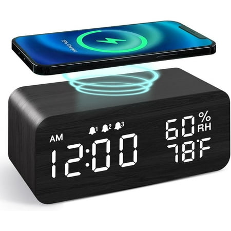 Leyeet Wooden Digital Alarm Clock with Wireless Charging, Bluetooth Speaker, Temperature, Humidity, 3 Alarms, Weekday/Weekend Mode, Snooze, Digital Clock for Bedroom, Bedside, Office (Black)