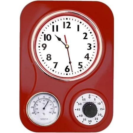 Lily's Home Retro Kitchen Wall Clock with Temperature and Timer (Retro Red)