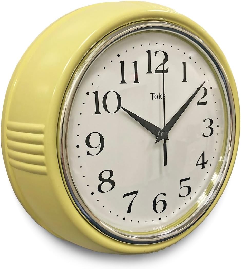 Lily's Home Retro Wall Clock, 9.5 Inch Vintage Design, Silent Non-Ticking Quartz Movement, Battery Operated, Perfect for Kitchen, Living Room, Office, and Indoor Use (Vintage Yellow)