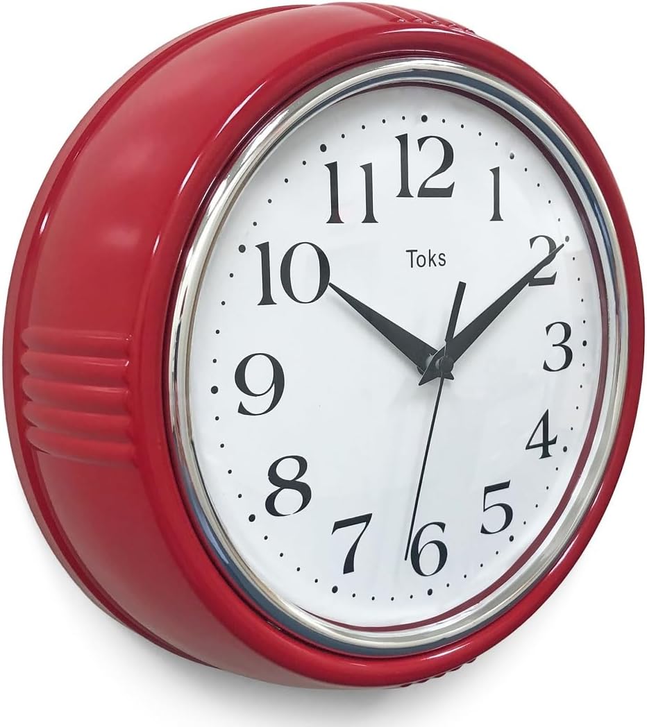 Lily's Home Retro Wall Clock, 9.5 Inch Vintage Design, Silent Non-Ticking Quartz Movement, Battery Operated, Perfect for Kitchen, Living Room, Office, and Indoor Use (Vintage Red)