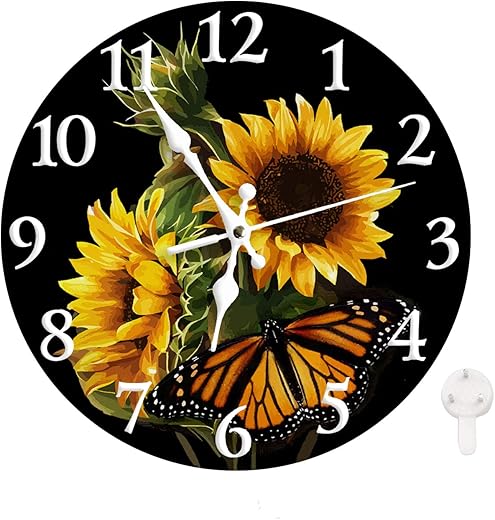 LOKMU Silent Non Ticking Clock 10 Inch, Round Wall Clock,Decorative for Living Room, Kitchen, Home,Bathroom, Bedroom, Office or School, Sunflower with Butterfly on Black