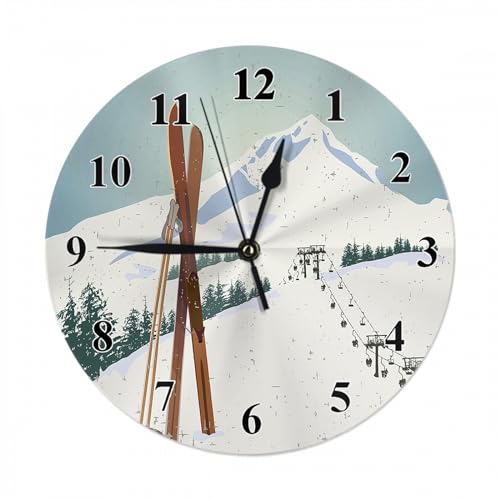 LoLo UoUo Retro Poster Wall Clock Wooden Old Fashioned Skis Poles Snowy Mountains Hiking Farmhouse Unique Large Clock Wall Non-Ticking Decor for Home Office School Classroom, 10 Inch, A1241