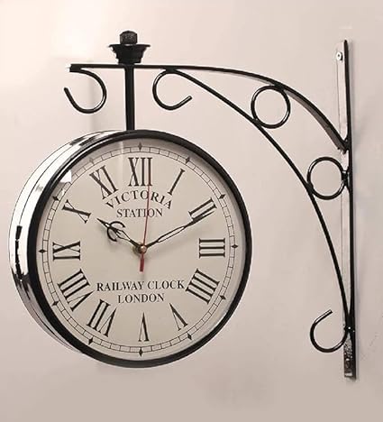 London Vintage Victoria Metal Double Sided Station Analog Wall Clock with Dial (White Dial, 8 Inches)