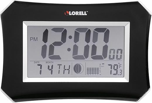 Lorell 60998 Wall/Alarm Clock, LCD, 10-1/4W-Inch x7-Inch Hx1-1/2-Inch D Lunar, Slvr/Blk