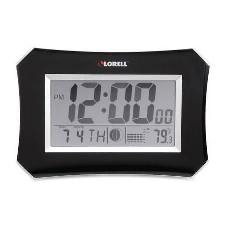 Lorell LCD Wall/Alarm Clock Digital - Quartz - LCD - Black Main Dial - Silver/Plastic Case