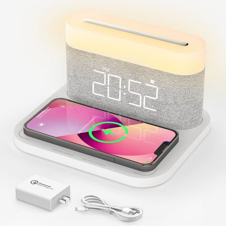 Magnetic Wireless Charger 15W Fast Charging for iPhone 15/14/13/12/11 Plus/Pro/Pro Max/SE Multifunction Digital Clock & Alarm Clock-LED Mood Light Desk Lamp