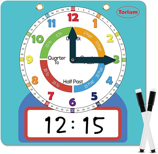 Magnetic Writable Dry Erase Learning Clock | Clock for Kids Learning to Tell Time | Large 12 Demonstration Teaching Time Practice Clock with Dry Erase Writing Surface | Pen Included | (Light Blue)