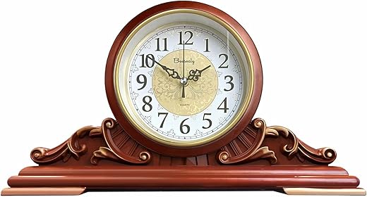 Mantel Clock, Antique Desk Clock, Modern Quartz Movement-Continuous Scanning (Ultra-Quiet), Suitable for Mantel/Desktop, Living Room Decoration (Brown)