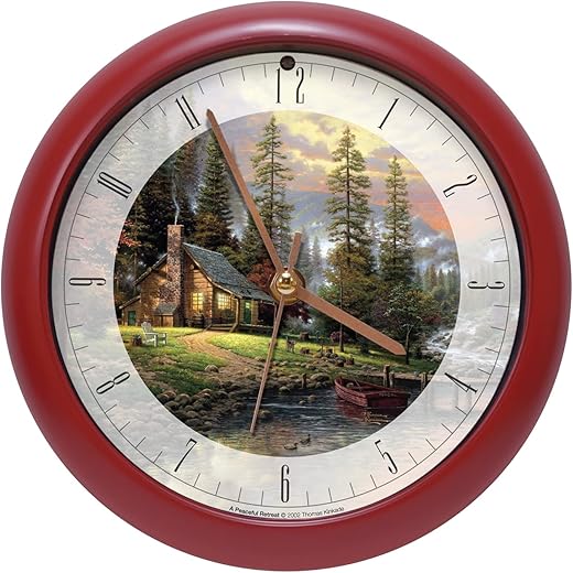 Mark Feldstein & Associates Thomas Kinkade Peaceful Retreat Meditative Nature Sound Clock, 8 Inch, Red, for Wall or Desk