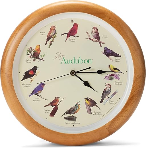 Mark Feldstein Audubon Singing Bird Wall Clock, Oak Wood Frame 13 Inch