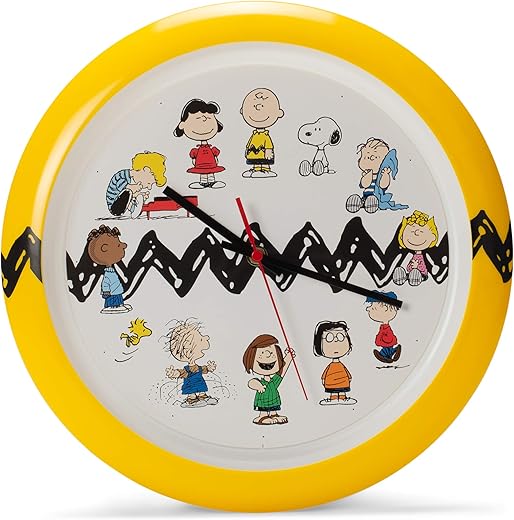 Mark Feldstein Peanuts Characters Zig Zag Yellow and Black Wall Clock, 13 Inch