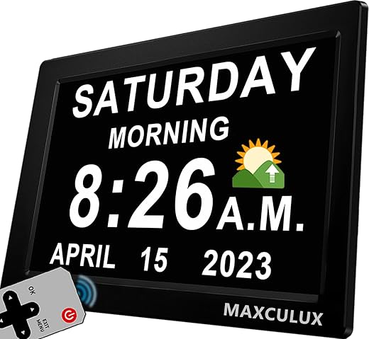 MAXCULUX 【Upgraded】 Digtal Clock with Day and Date for Seniors, Auto DST, 19 Alarms & Auto Dimmable, Non-Abbreviated Extra Large Clock for Elderly Dementia Alzheimers