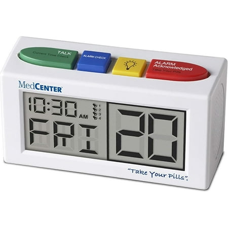 Medcenter Talking Alarm Clock – Medication Reminder with Easy-Set Alerts for Seniors, Extra-Large Display, 0.56 lb, White