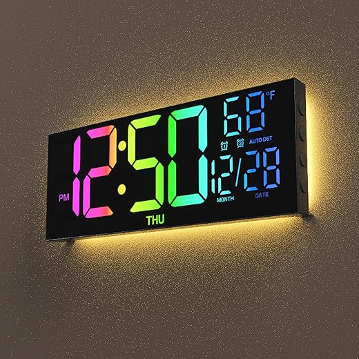 MEISD Digital Wall Clock, 13" Large Display Alarm Clock with Remote Control, RGB Colors, Dual Alarm, Auto-Dimming,Digital Clock with Night Light, Auto DST, Date Week,Gift for Elderly