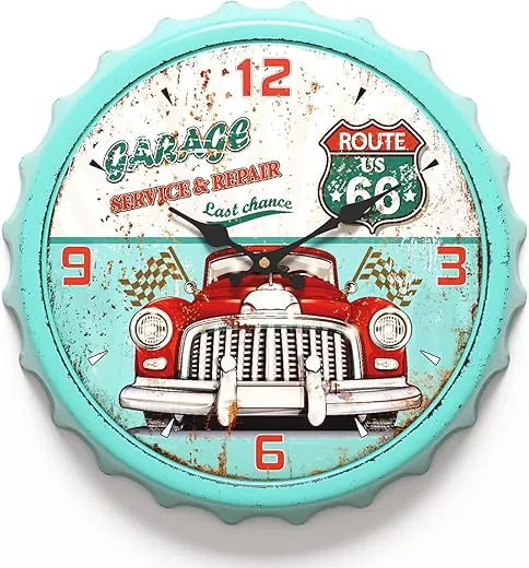 Menterry Bottle Cap Design Iron Retro Wall Clock, 13 inch Vintage Antique Style, Silent Battery Operated Decor Wall Clocks for Garage,Farmhouse,Office,Beer bar,Cafes,Kitchen,School (Green)