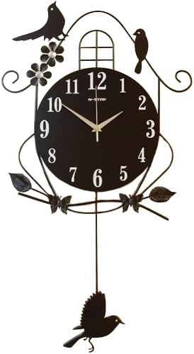 Metal Black Hanging Wall-Mounted Clock Pretty Bird Flower Non-Ticking Silent Clocks Decortion Home Living Room Bedroom Perfect for House Warming Gift