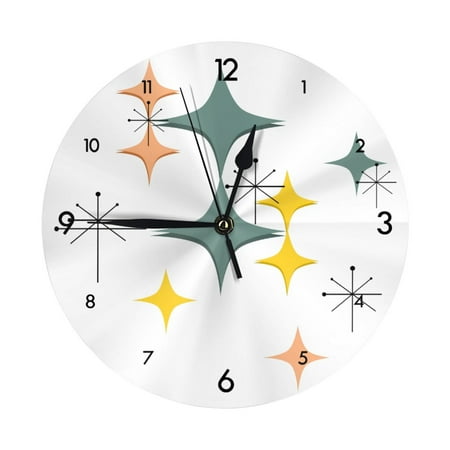 Mid Century Modern Eames Atomic Starbursts Wall Clock - 10 Inch Silent Non-Ticking Wall Clocks -Country Retro Rustic Style Decorative For Living Room Kitchen Home Bathroom Bedroom