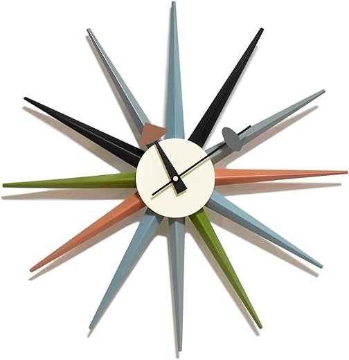 Mid Century Modern Wall Clock Large Silent Non Ticking Battery Operated 18 inches Solid Wood Retro Sunburst Clock for Living Room Decor,Office Kitchen