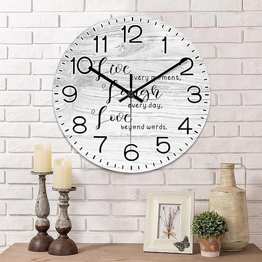 Mighun Live Laugh Love Wall Clock Motivational Quote Round Clock 12 Inch Large Wall Clocks Battery Operated Rustic Home Decor for Home Kitchen Office School Bathroom