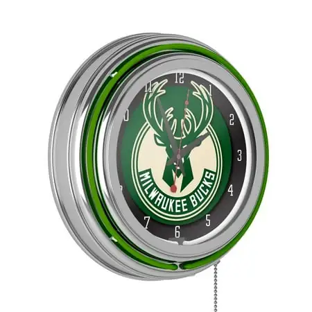 Milwaukee Bucks Logo Retro Neon Analog Wall Clock with Pull Chain