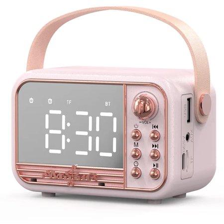 MINKUROW Retro Bluetooth Speaker,Vintage Portable Wireless Bluetooth Speakers with Alarm Clock Loud Volume Bluetooth 5.0 for Kitchen Bedroom Home Outdoor (Pink)