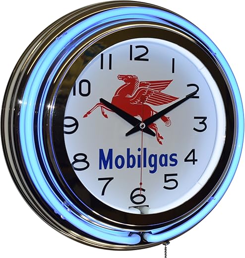 Mobilgas Blue Double Neon Advertising Clock Man Cave Garage Decor