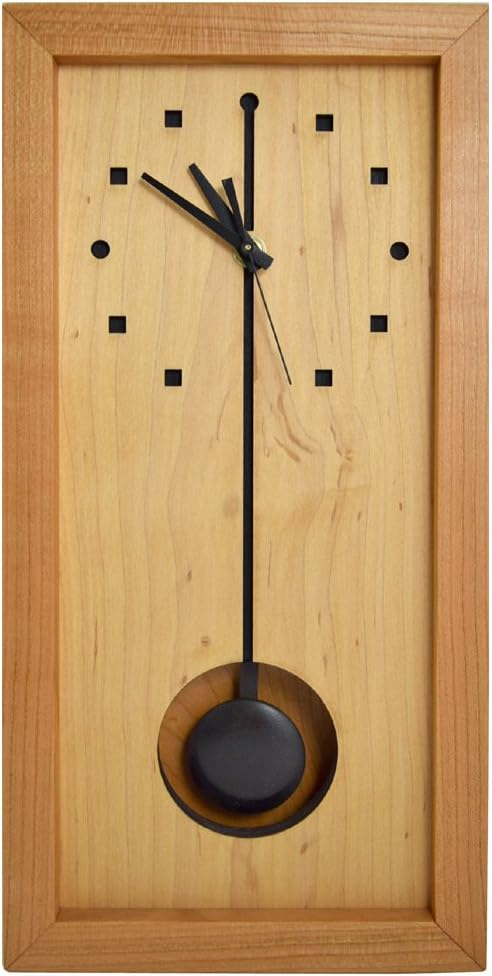 Modern American Made Rectangular Box Clock with Pendulum, Natural Cherry and Maple Wood, 16-Inch, Shelf or Wall