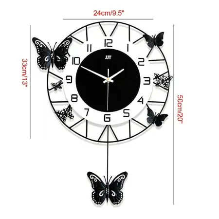 Modern Butterfly Wall Clock Metal Quartz Pendulum Non Ticking Clock Decoration