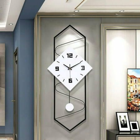 Modern Pendulum Wall Clock with Silent Movement Metal+Solid Wood Wall Decor Clock Wall Clocks for Living Room Decor Bedroom Office Black and White Wall Clock Pendulum Silent Clock Home Creative Decor