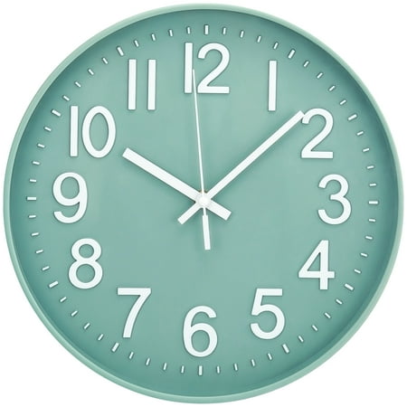 Modern Quartz Wall Clocks Battery Operated,12 inch Silent Non Ticking 3D Numbers Round Wall Clock for Kitchen Bedroom Living Room Office Classroom Decor（Green）