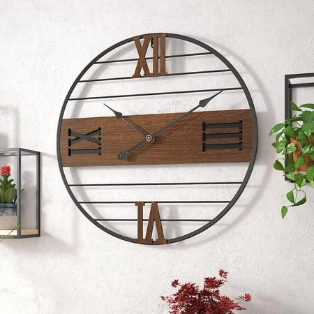 Modern Walnut Dial Wall Clock, Wood Large Wall Clock Decor Metal Frame Silent Non Ticking for Living Room, Bedroom, Kitchen, Study Decoration, Handmade Home Present Idea,