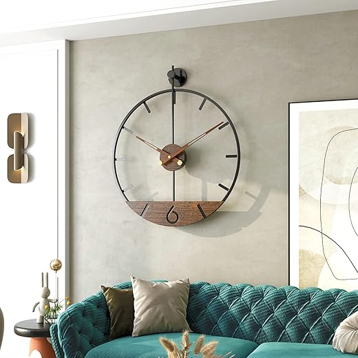 Modern Wood Walnut Dial Wall Clock, Large Simple Wall Decor Metal Frame Silent Non Ticking Clock for Living Room, Kitchen, Bedroom, Study Decoration, Handmade Home Present Idea, 29.5 in