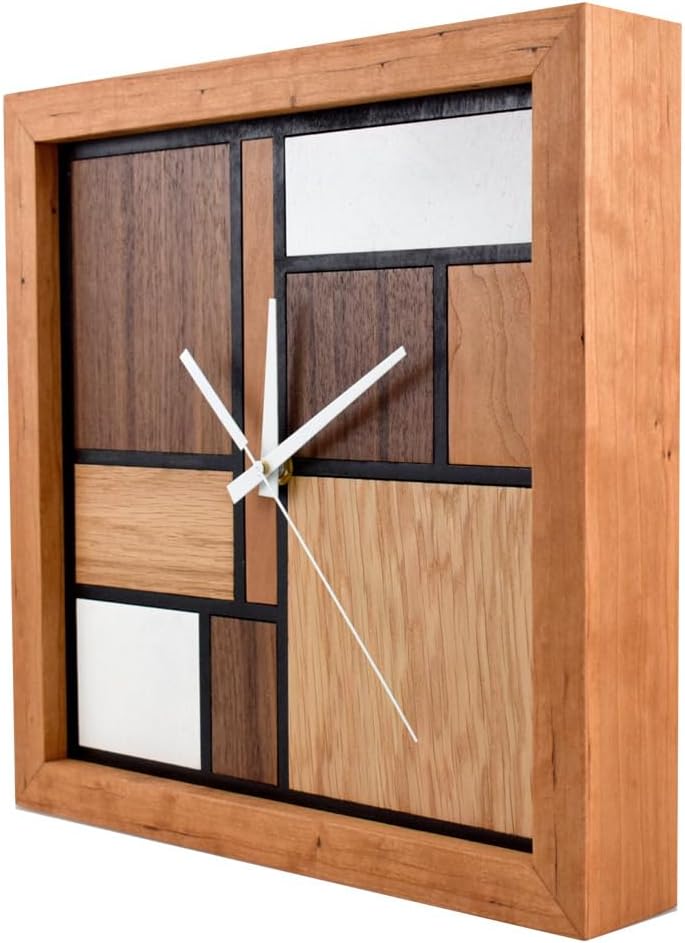 Mondrian-Style American Made Modern Box Clock, Natural Cherry, Oak and Maple Wood, 12-Inch Square for Shelf or Wall