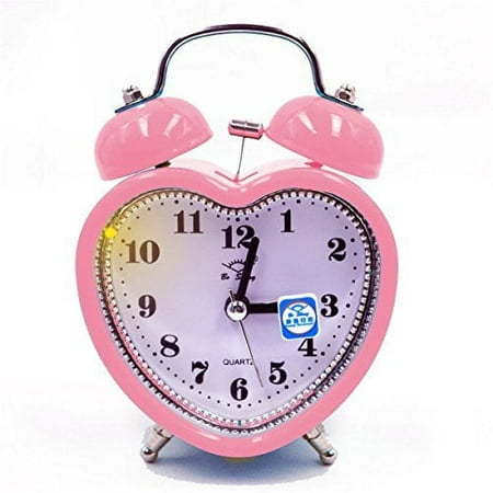 Monique Students Seniors 3in Twin Bell Loud Alarm Clock Silent Analog Quartz Nightlight Clock Battery Operated for Heavy Sleepers Heart Shape Pink