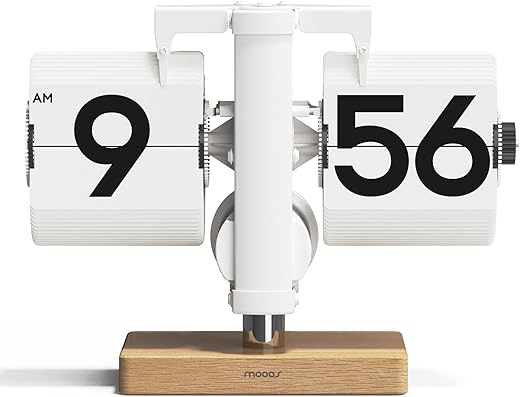 mooas Classic Modern Wood Mini Flip Desk Clock (White), Retro Vintage Analog Design Auto Flip Clock Table Clock Large Number Battery Powered, Ideal for Home Office School Hotel Café