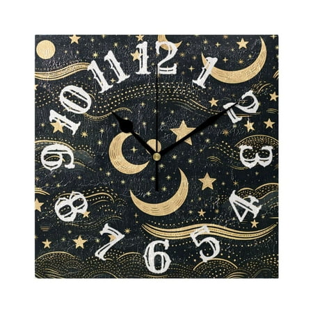 Moon in Black Wall Clock Square Silent Non Ticking Battery Operated Clock for Home Bathroom Kitchen Bedroom Living Room