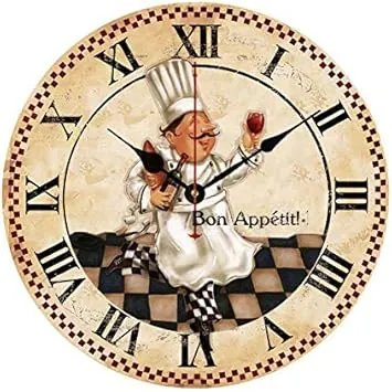 Moonluna Bon Appetit Italian Cooking Chef Drink Wine Armenian Wooden Clock Large Designs Non Ticking Silent Small Wall Clock 16 inches